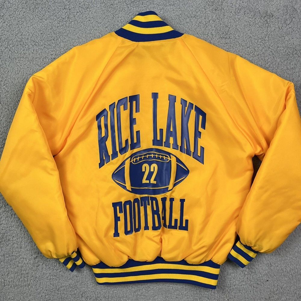 Vintage Rice Lake Football Coat Yellow Blue Satin Jacket Wisconsin Wi Size S